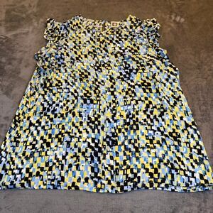 Anne Klein Womens XL Sleeveless Flutter Sleeve Abstract Print Keyhole Neck Top